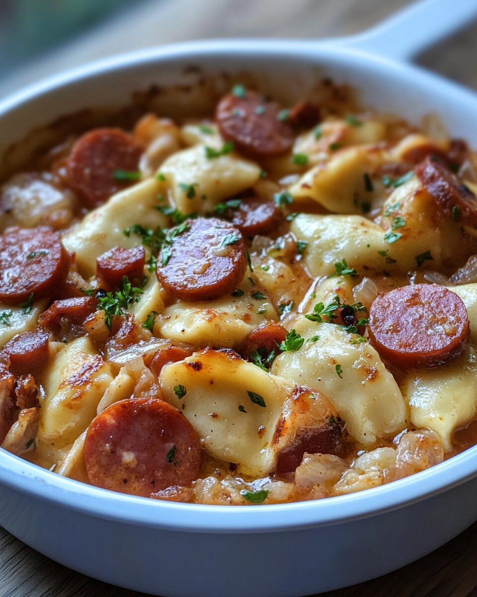Crockpot Pierogi Casserole with Kielbasa