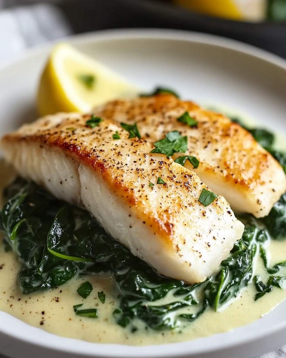 Lemon Garlic Sea Bass with Creamed Spinach