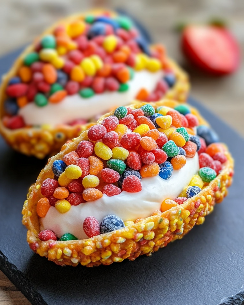 Fruity Pebbles Cheesecake Tacos