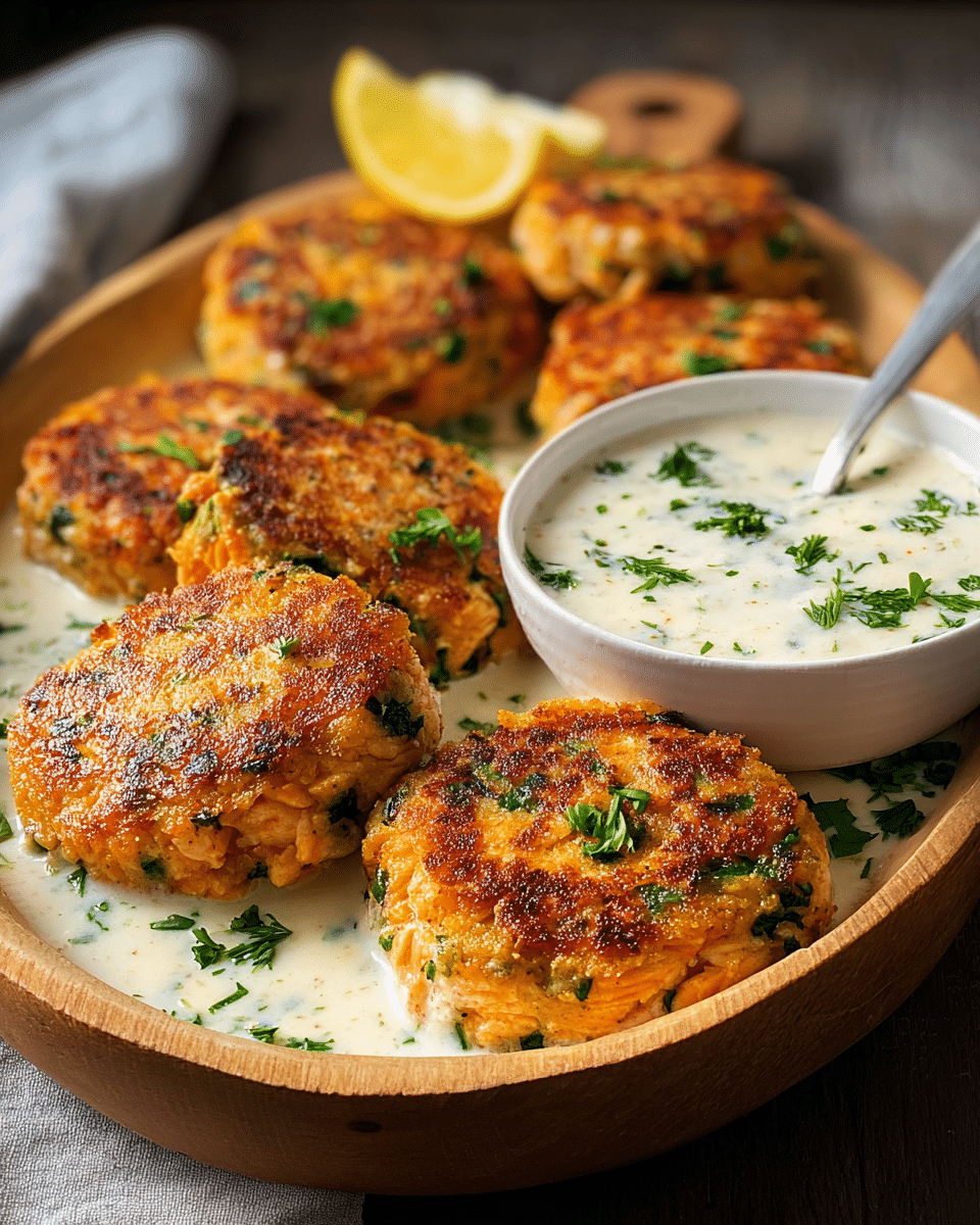 Salmon Patties with Creamy Lemon Garlic Sauce