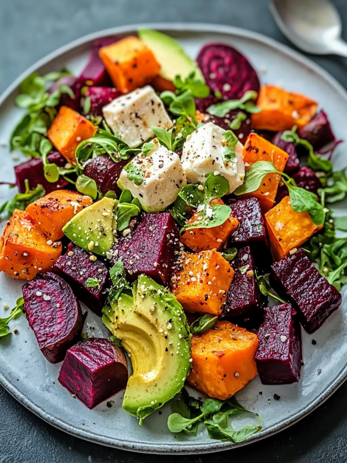 Roasted Beet, Sweet Potato & Avocado Salad with Whipped Ricotta 2 Roasted Beet, Sweet Potato & Avocado Salad