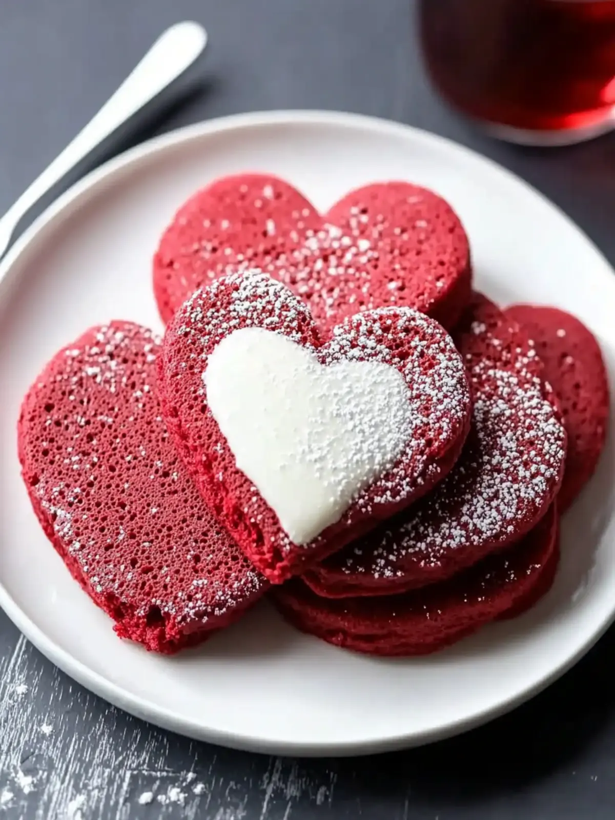 Irresistible Heart Shaped Red Velvet Pancakes with Creamy Glaze 3 Heart Shaped Red Velvet Pancakes