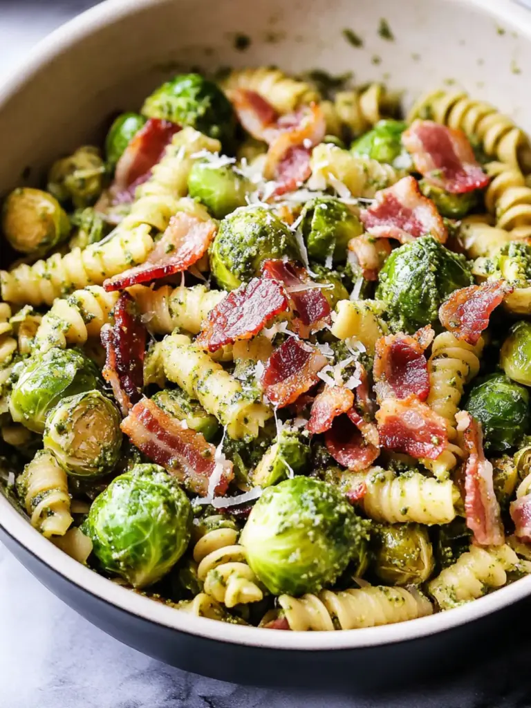 Brussels Sprouts and Bacon Pesto Pasta