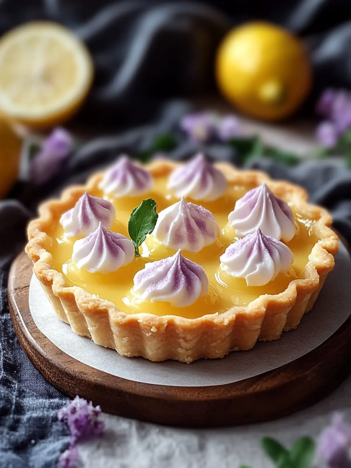 Mini Lemon Tart Delight with Whimsical Lilac Meringue 4 Mini Lemon Tart