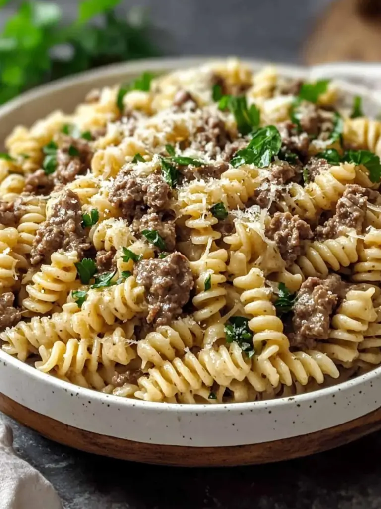 Beef and Rotini in Garlic Parmesan Sauce