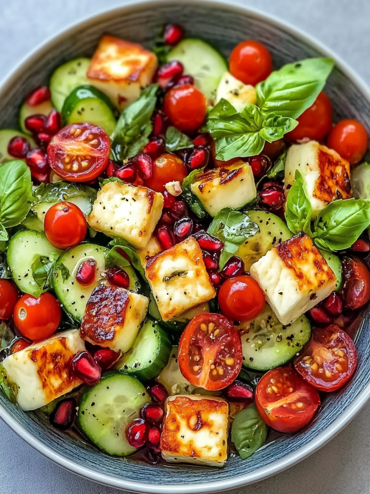Pomegranate Halloumi Delight with Cucumber and Tomato Burst 3 Cumcumber Cherry Tomato Basil Pomegranate Halloumi