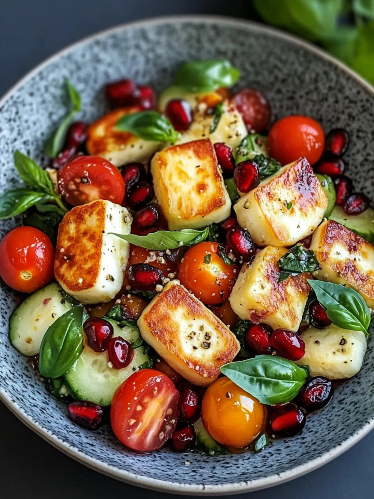 Pomegranate Halloumi Delight with Cucumber and Tomato Burst 2 Cumcumber Cherry Tomato Basil Pomegranate Halloumi