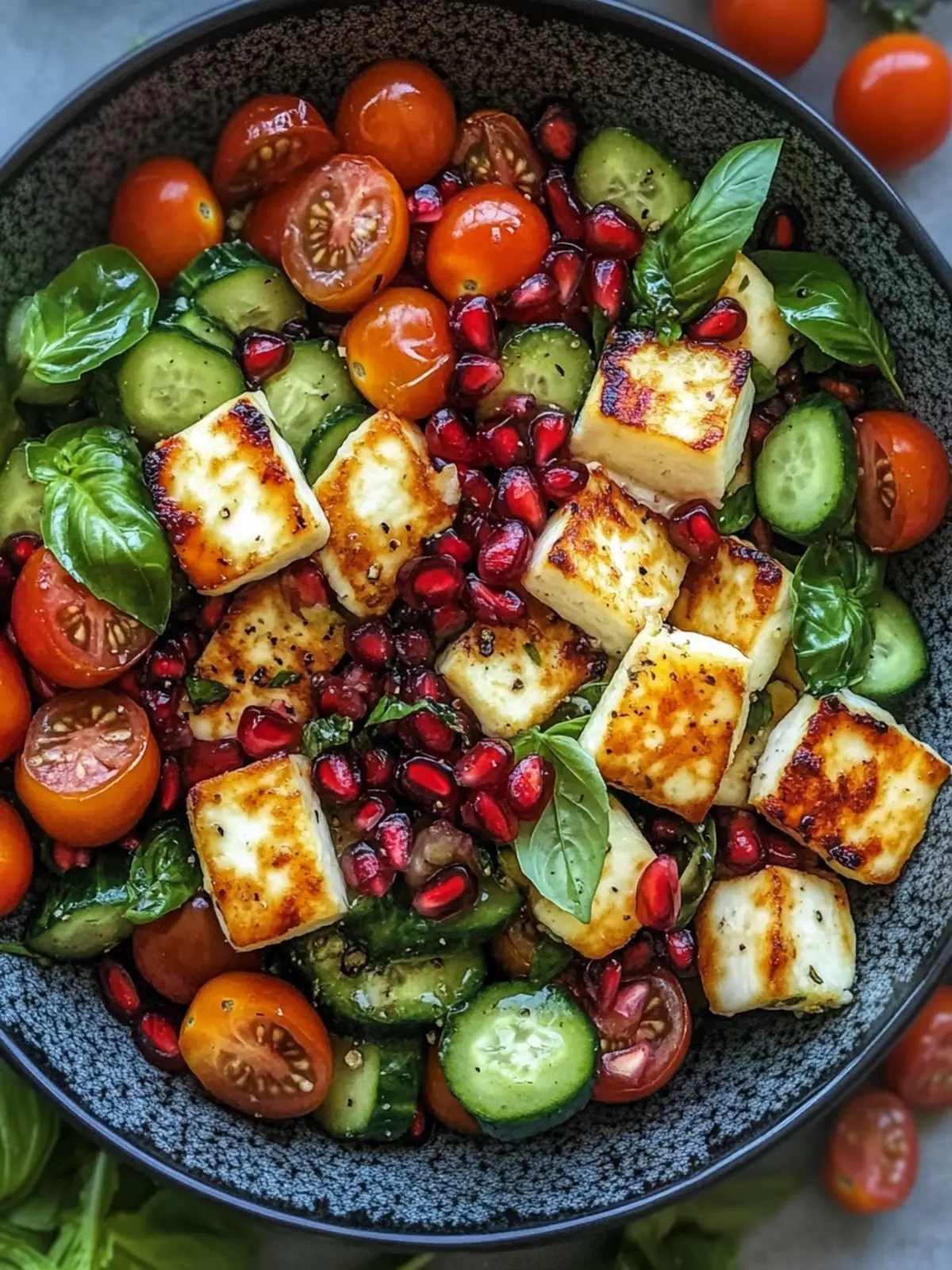 Pomegranate Halloumi Delight with Cucumber and Tomato Burst 4 Cumcumber Cherry Tomato Basil Pomegranate Halloumi