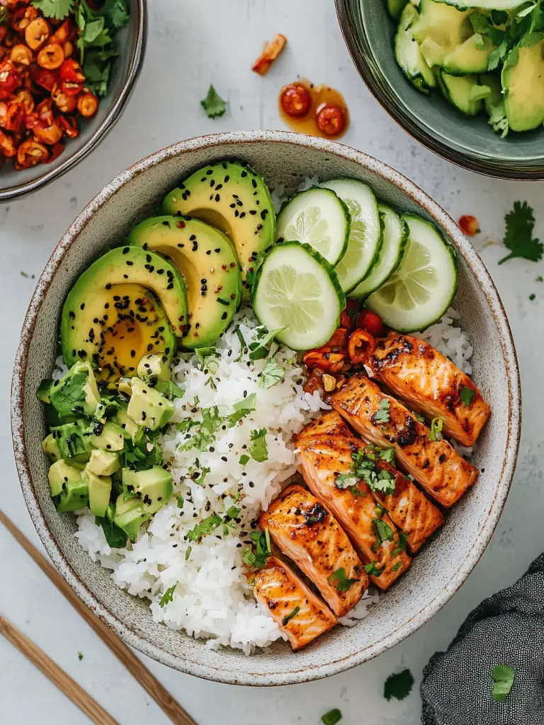 Spicy Salmon Bowls with Coconut Rice