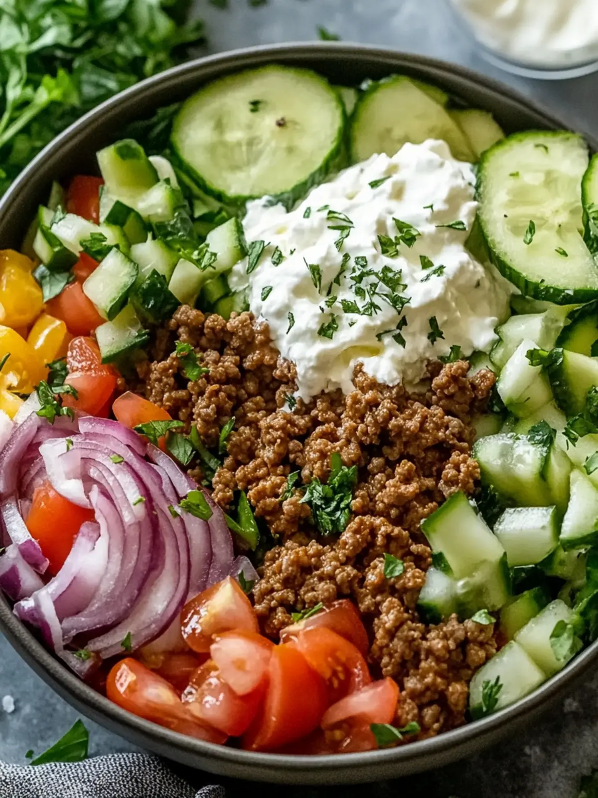 Greek Ground Beef Bowl with Tzatziki: A Mediterranean Delight 3 Greek Ground Beef Bowl