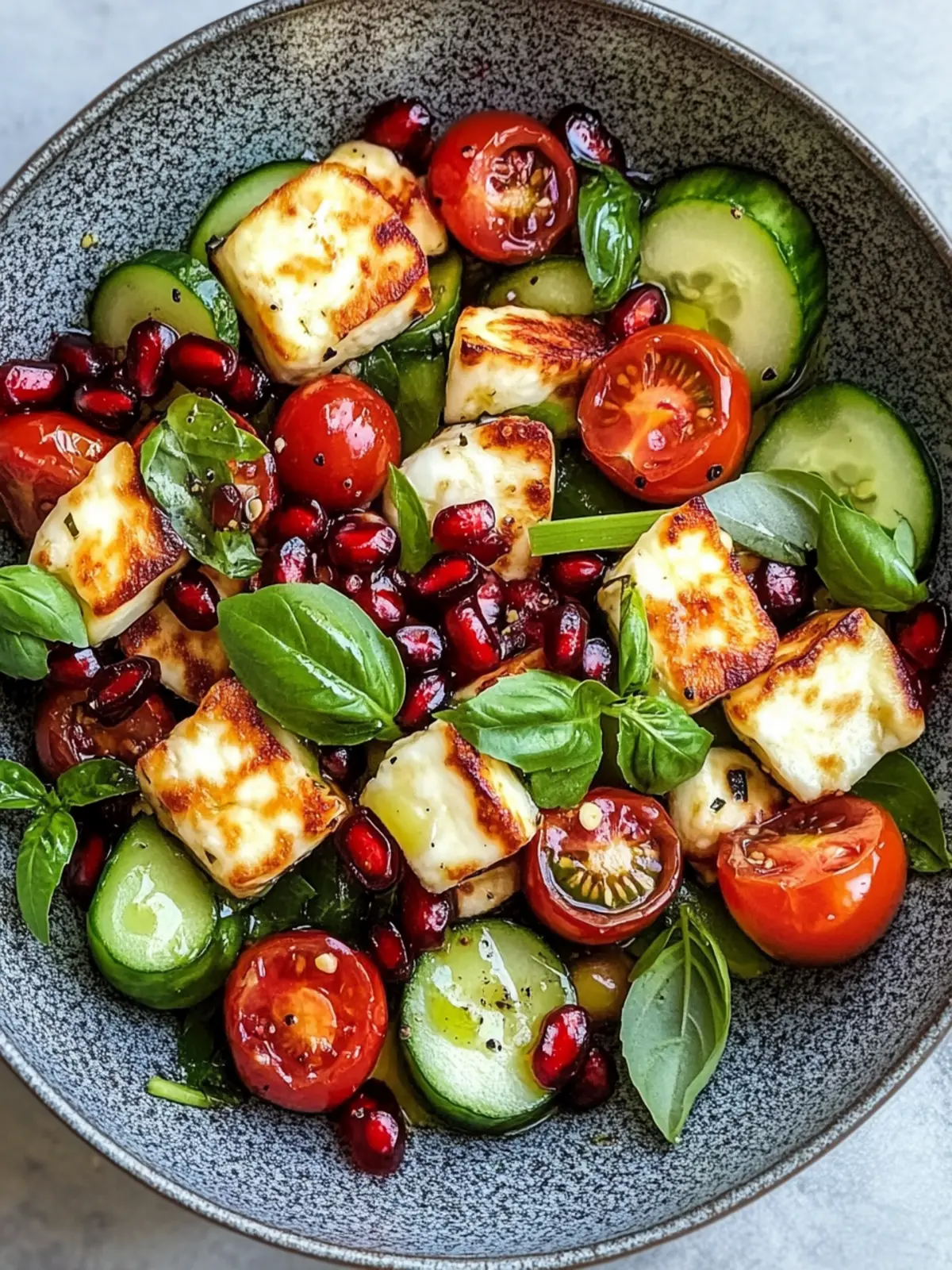 Pomegranate Halloumi Delight with Cucumber and Tomato Burst 5 Cumcumber Cherry Tomato Basil Pomegranate Halloumi