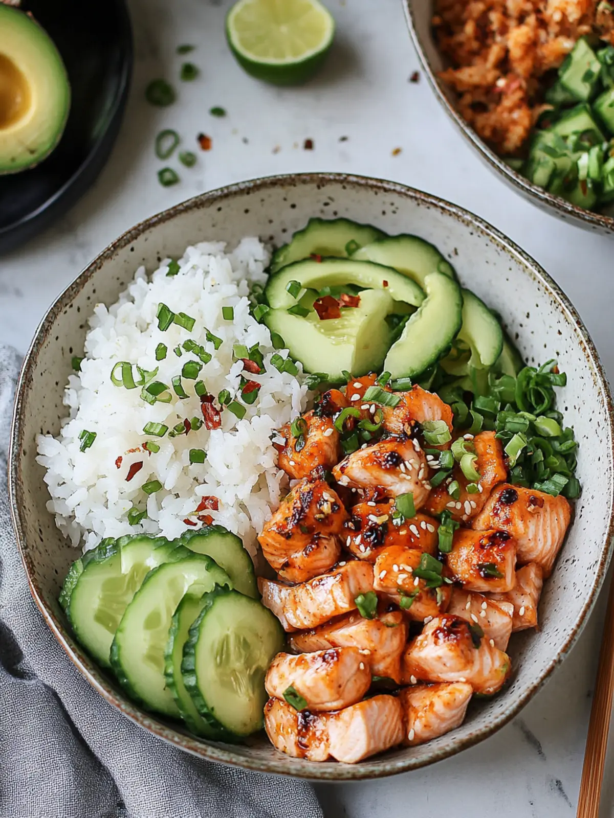 Spicy Salmon Bowls with Coconut Rice for a Quick Delight 2 Spicy Salmon Bowls with Coconut Rice