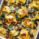 Cheesy Mushroom Ravioli Casserole with Spinach