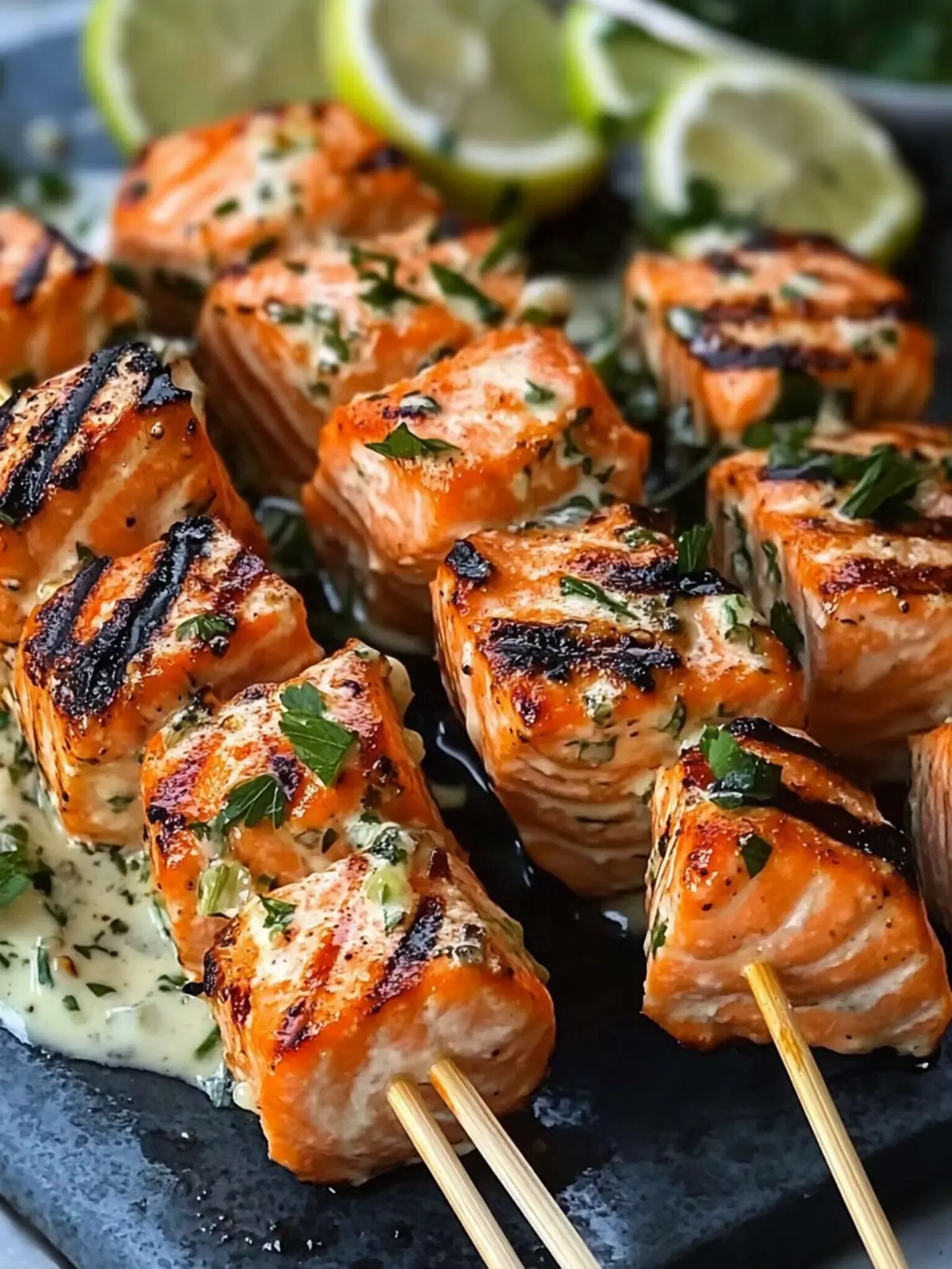 Savory Grilled Salmon Skewers with Creamy Dill Sauce 3 Grilled Salmon Skewers