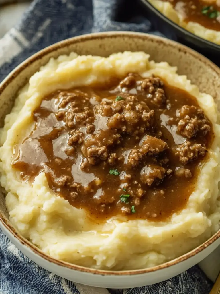 Ground Beef and Gravy Over Mashed Potatoes