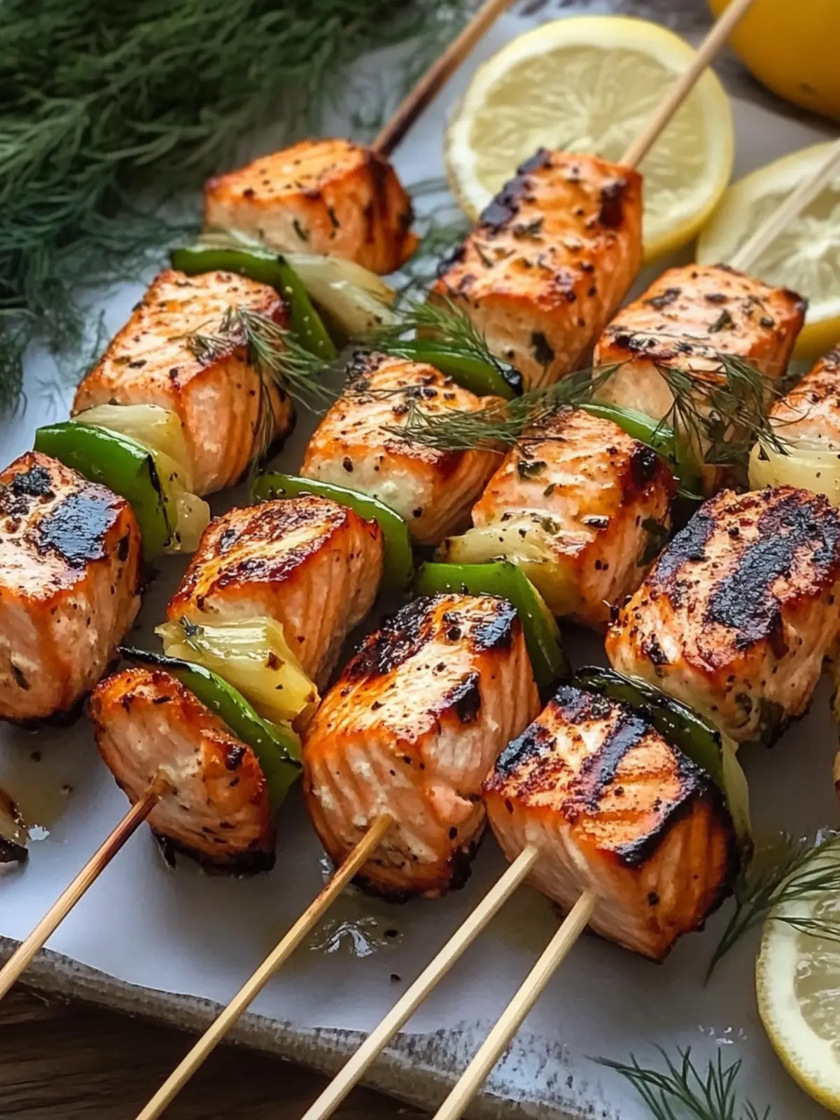 Savory Grilled Salmon Skewers with Creamy Dill Sauce 2 Grilled Salmon Skewers