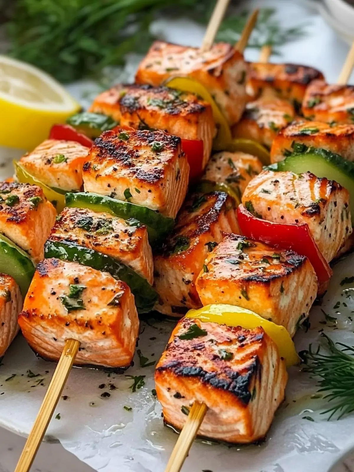 Savory Grilled Salmon Skewers with Creamy Dill Sauce 5 Grilled Salmon Skewers