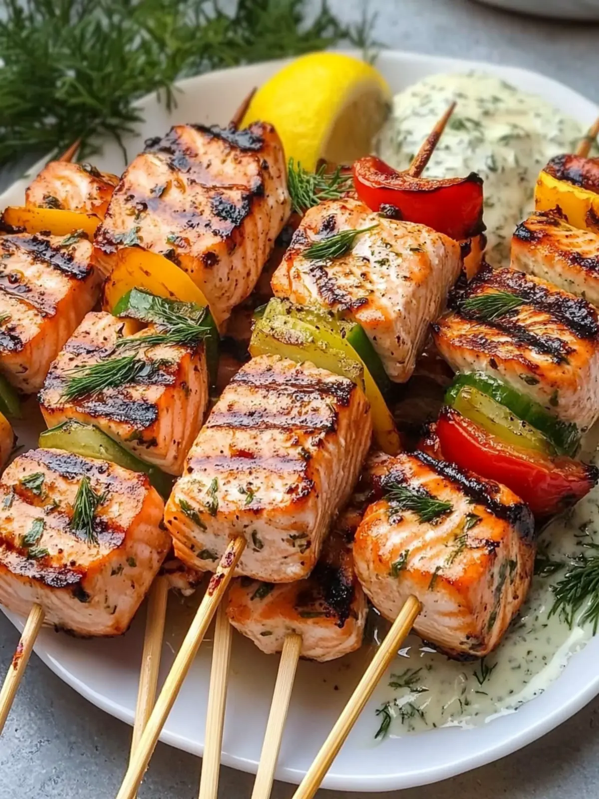 Savory Grilled Salmon Skewers with Creamy Dill Sauce 4 Grilled Salmon Skewers